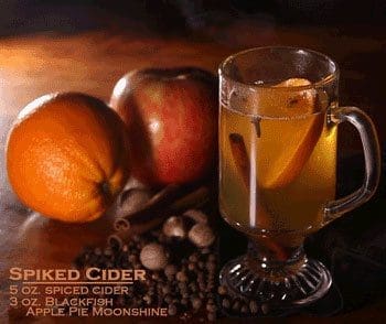 a glass of hot drink with oranges and spices